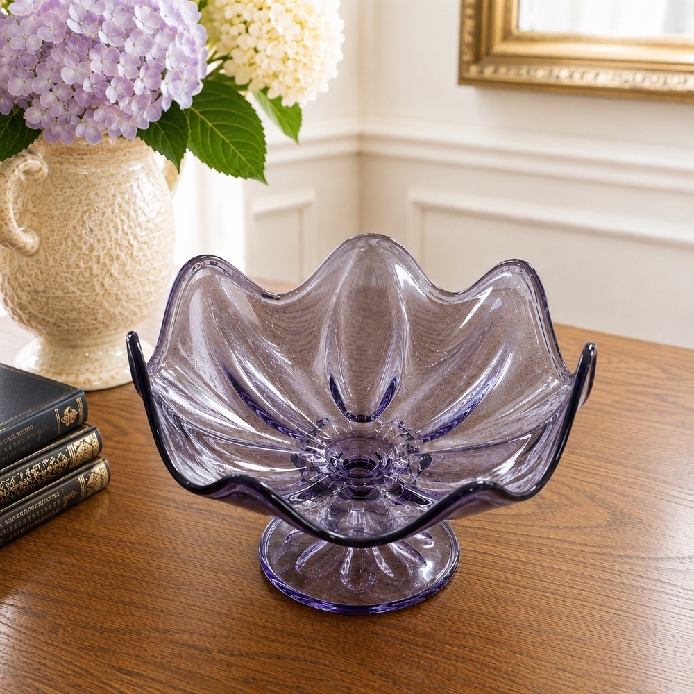 Viking MCM 6-Petal Glass Compote Teaberry Lilac Bowl Scalloped Edge 1431 Vintage